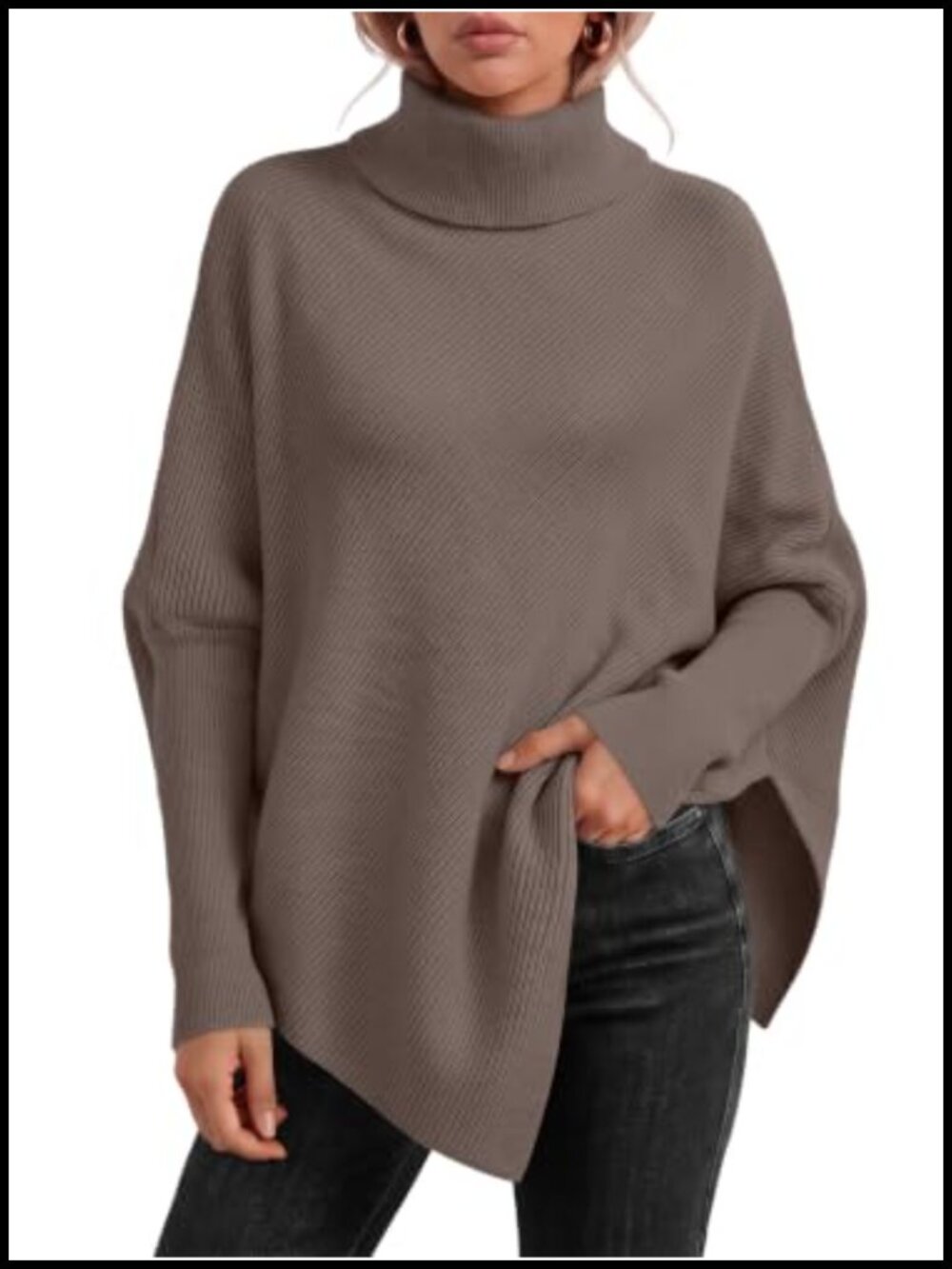 Women's Oversized Batwing Turtleneck Sweater Drape Knit Long Sleeve Fall